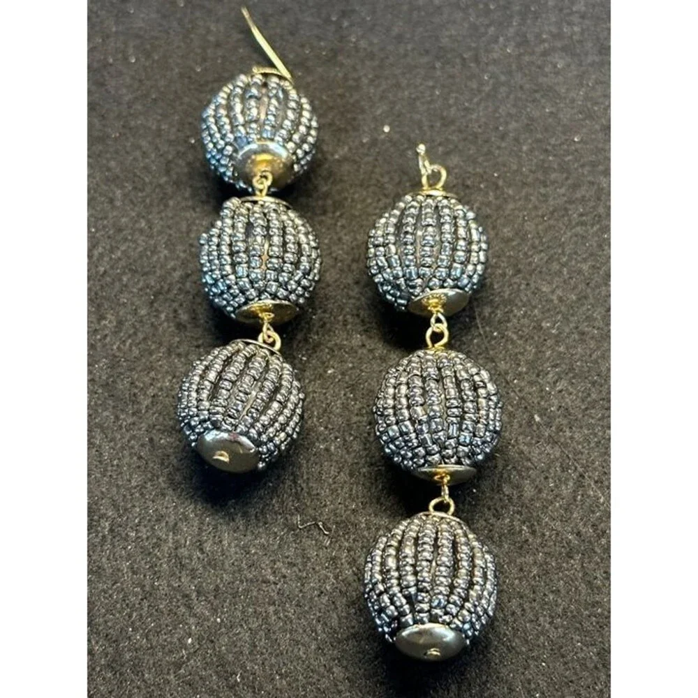 Gunmetal Beaded Triple Ball Drop Dangle Earrings Boho NWT New Jewelry Gift